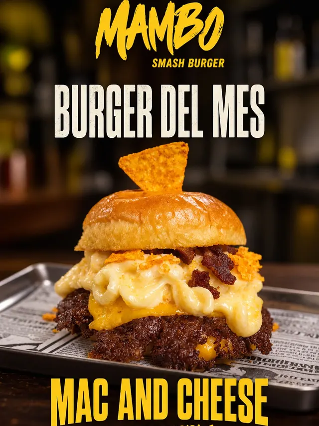 Póster de la Mac and Cheese, burger del mes de Mambo